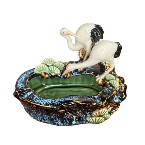 Japanese Glazed Porcelain Stork Ashtray 1960’s Mid Century Modern Lily Pads MCM - Picture 1 of 13